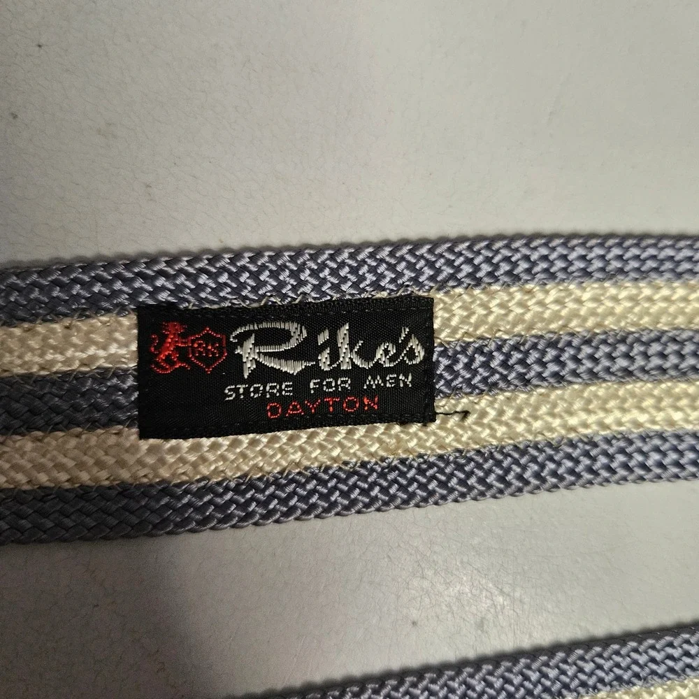 Vintage Rikes Dayton Mens Knit‎ Tie Blue Cream Striped Square End Skinny 60s